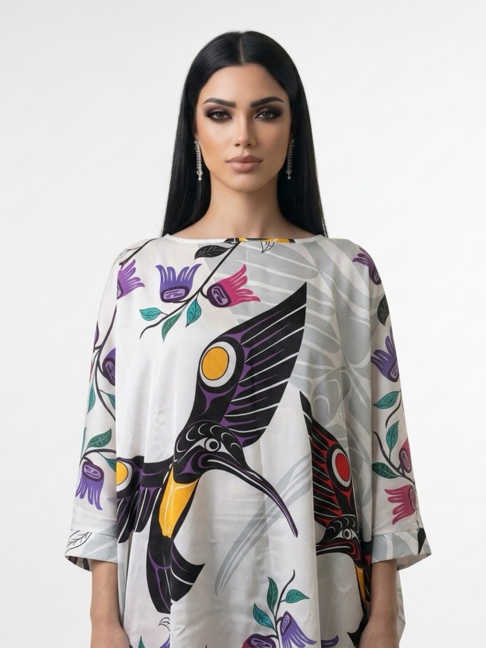 Coast Salish 'Hummingbird' Indigenous Chiffon Poncho Design by Francis Horne Sr